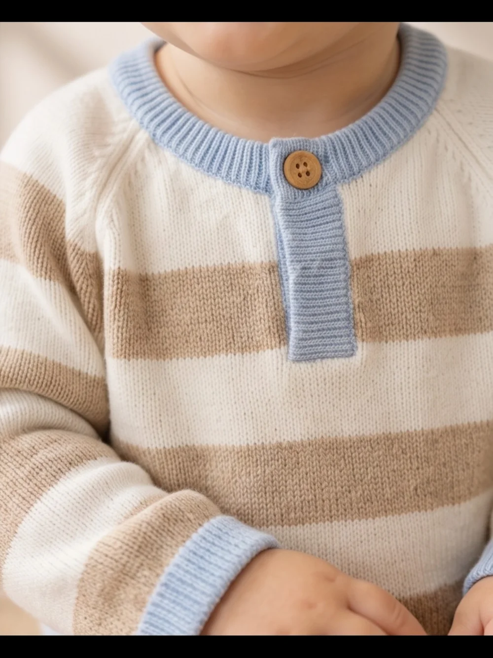 Striped Beige & White Kids Matching Set with Blue Trim